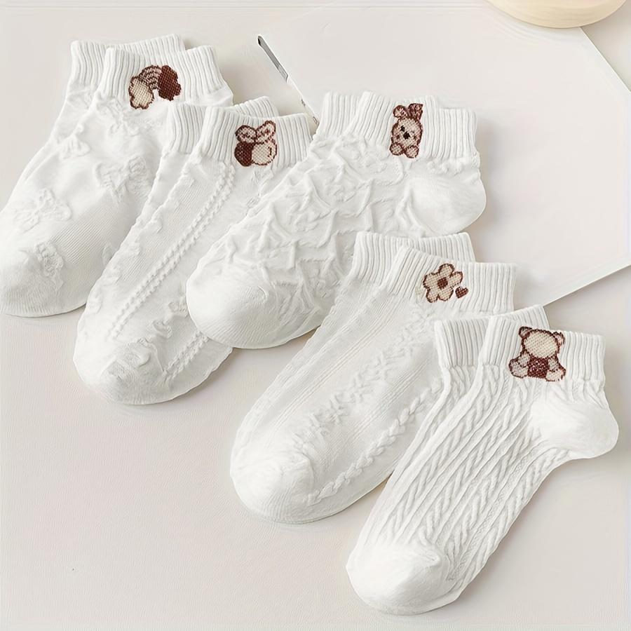 

5 Pairs Women s Cute Cartoon Ankle Socks - Japanese Style Bear & Flower Design, Soft Polyester Blend, Comfort for All Seasons