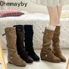 Autumn Winter Women Western Cowboy Boots Fashion Soft Pleated Shoes Female Concise Internal Elevation Long Booties