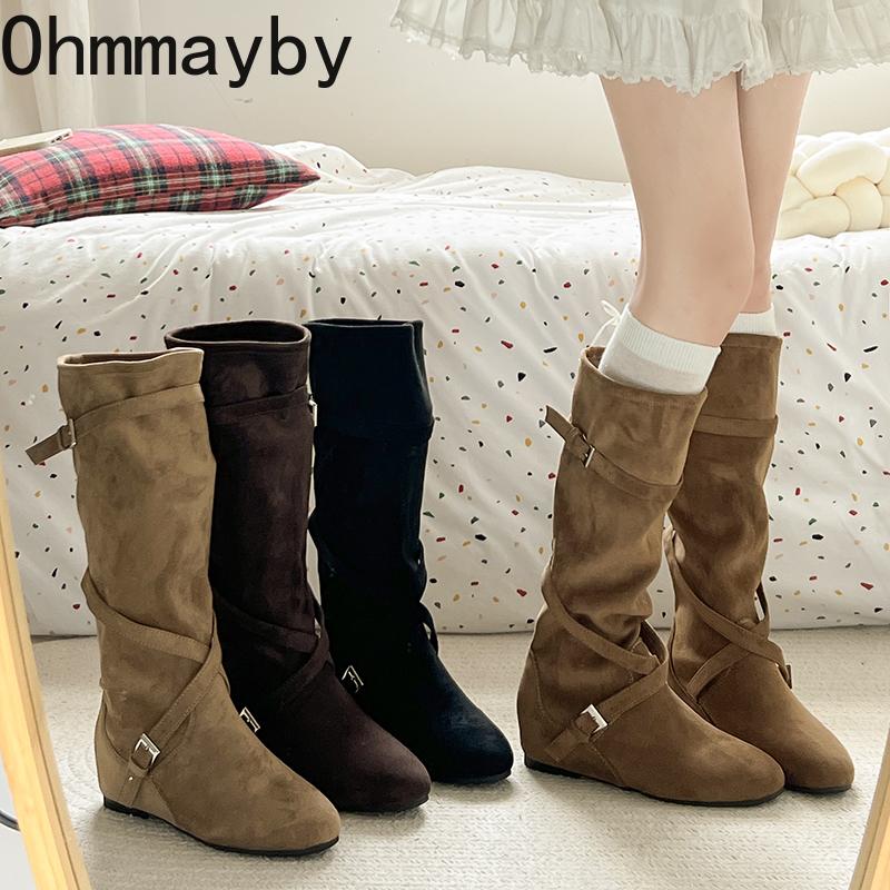 Autumn Winter Women Western Cowboy Boots Fashion Soft Pleated Shoes Female Concise Internal Elevation Long Booties