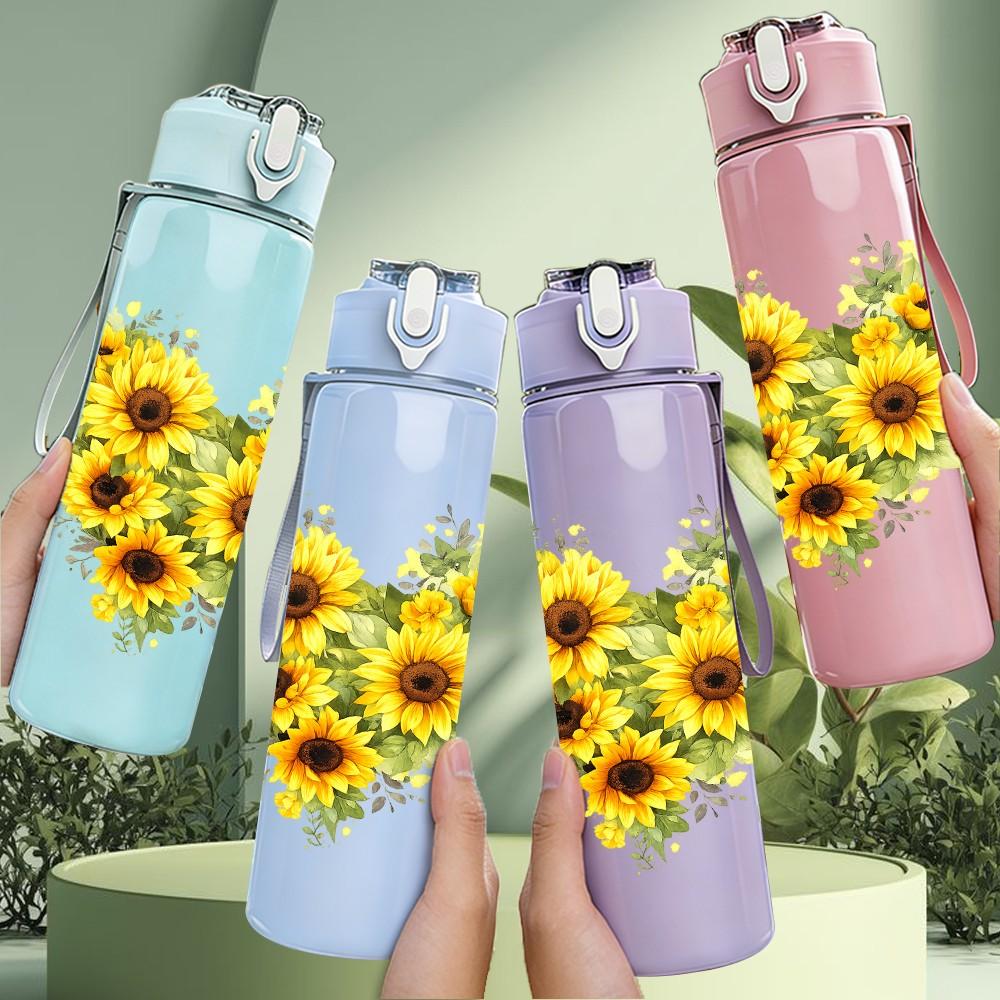 1PC Sunflower Yellow Flower Heart Print 750ml Color Plastic Sports Water Bottle Leakproof Flip Straw Lid Suitable for Sports Office Home Use