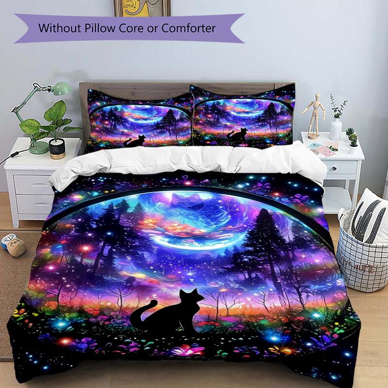 3pcs Colorful Fantasy Cat Bedding Set - Includes One Quilt Cover and Two Pillowcases (No Core) - Home Decor, Festival Gift, Polyester Fabric