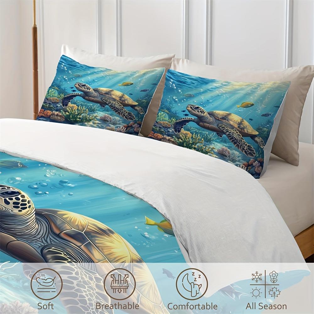 2/3pcs Blue Ocean Turtle Print Duvet Cover Set (1 Duvet Cover + 1/2 Pillowcase, Without Core), Underwater World Fish Coral