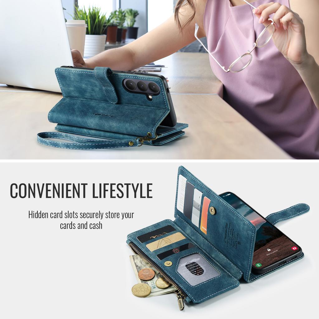 For Samsung Galaxy S26 Phone Cases with Strap CASEME C30 Zipper Multiple Card Holder PU Leather Cover