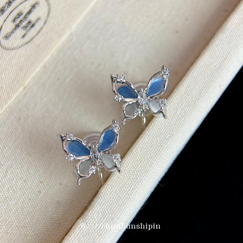 Blue butterfly opal earclips women's spring and summer exquisite high-end earrings sweet girl stud earrings without pierced earrings