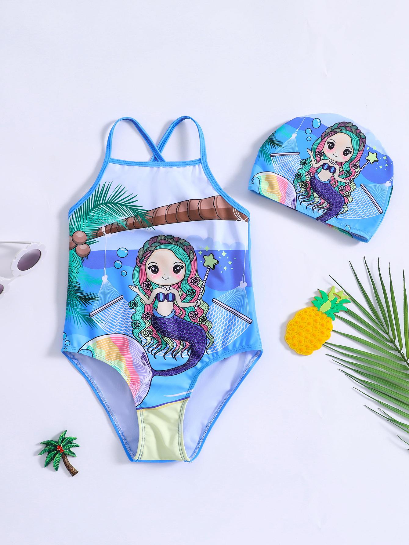 

Детский слитный купальник с халтером и принтом русалки 100 павлин голубой