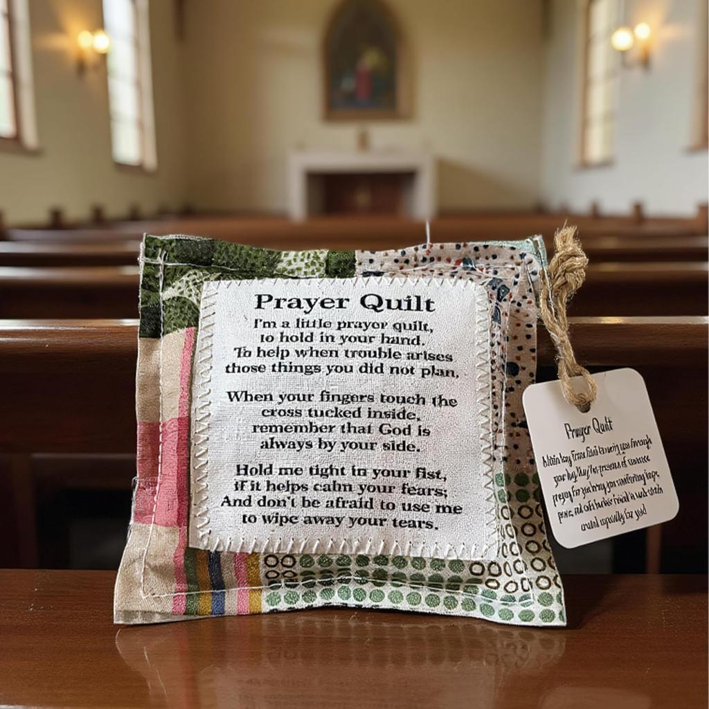 1PC Mini Pocket Prayer Quilt with Wood Cross ide, Handmade Comfort Square, Vintage Design, 3.94 x 3.94 inches