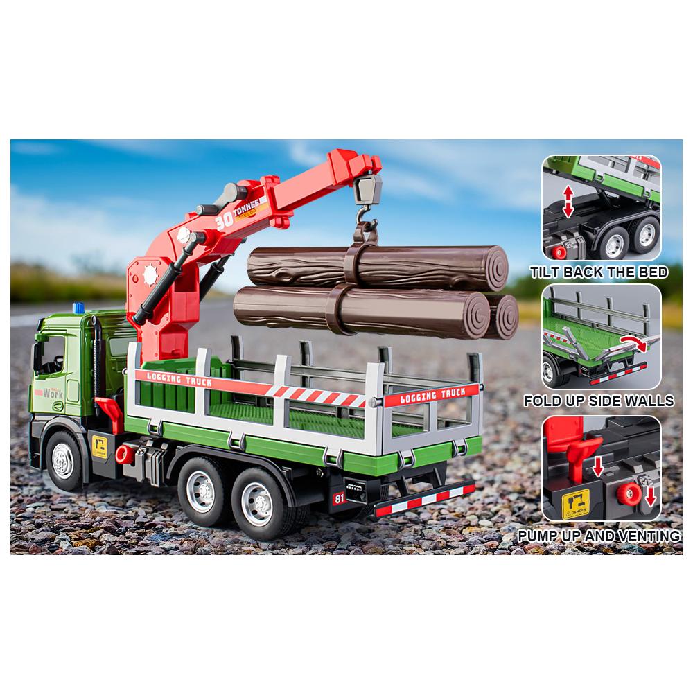 1/24 Scale Wooden Toy Truck Metal Cab, Friction Driven Wooden Truck, Equipped with A Full Function Loading Crane and 3 Loadable Logs, Light and Sound,