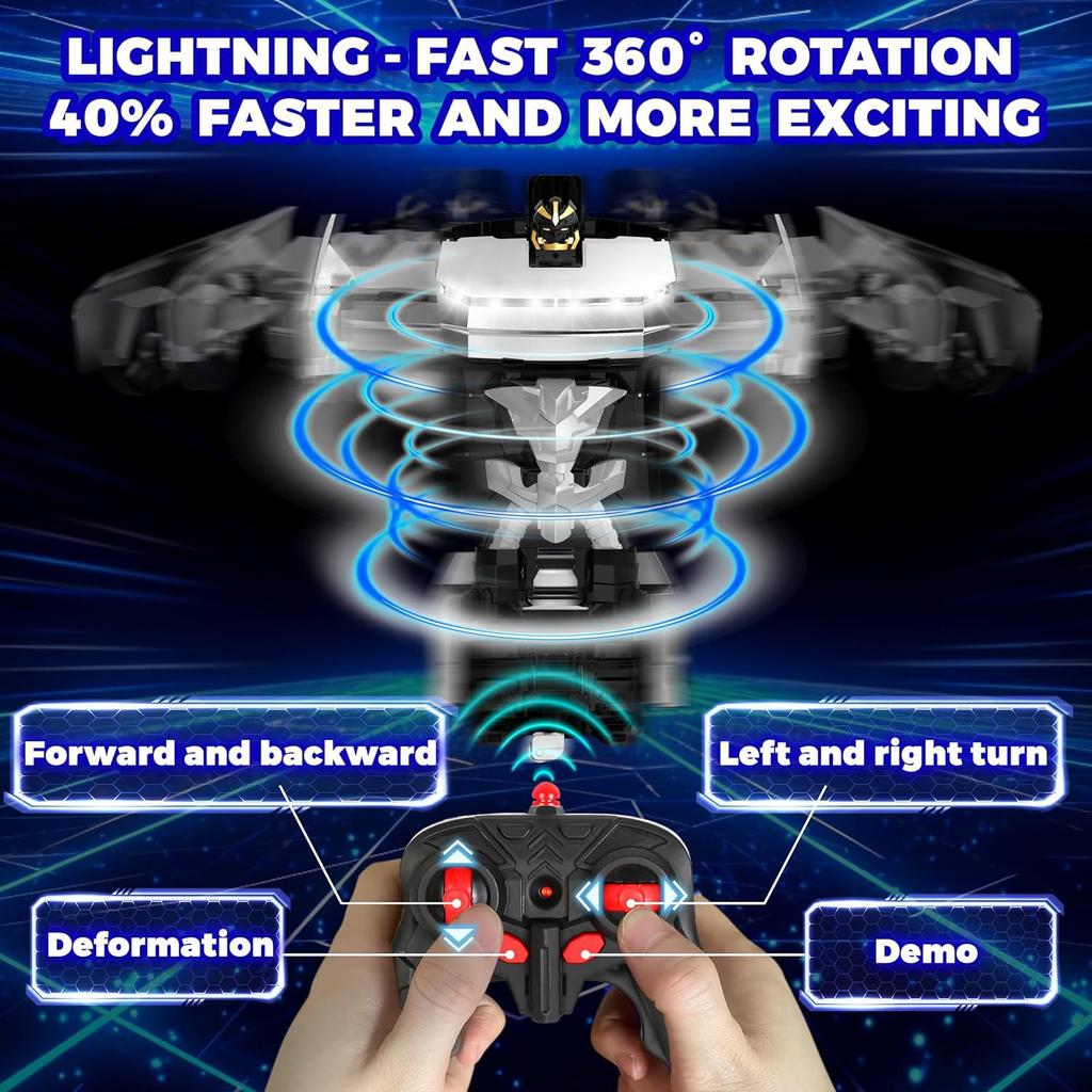 Transforming Robot Car Toy for Kids 2.4GHz Remote Control Vehicle with LED Lights 360° Spin Drift Mode Gift for Boys