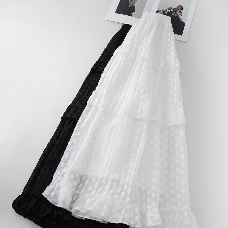 Damen Weißer Jacquard Pünktchen Rüschen Midi Rock - Sommer 2025 A-Linien Schirmdesign