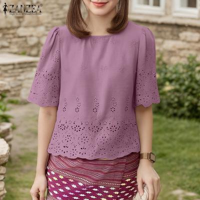 Women Summer Round Neck Half Sleeve Casual Embroidery Blouse