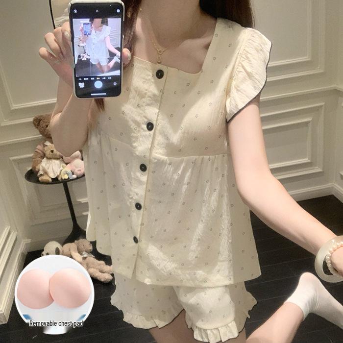 

2026 Summer Woven Cotton Puff Sleeve Pajama Set with Chest Pads for Women L