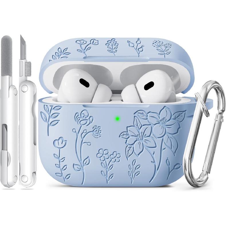 for AirPods Pro 2 Case, Ekoonpft Flower Engraved AirPod Pro Case, Soft Silicone Case Cover QUTE for Apple AirPods 2nd/1st Gen Women Girly with