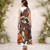 Women Plus Size Sleeveless Keyhole Neck A Line Long Dress Halloween Raccoon Pumpkin Print