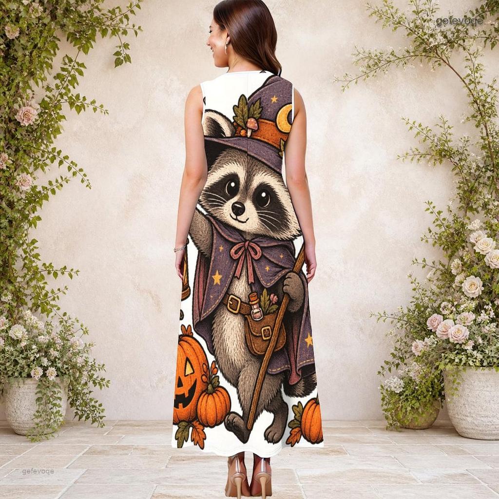 Women Plus Size Sleeveless Keyhole Neck A Line Long Dress Halloween Raccoon Pumpkin Print