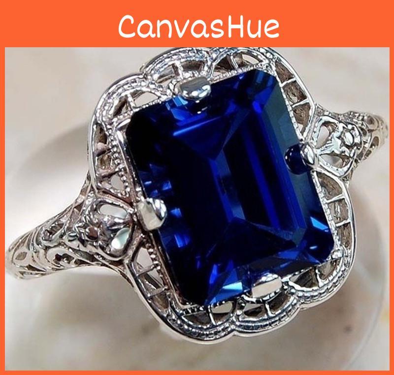 Elegant Blue Vintage Ring With Sapphire Stone And Silver Plating For Women