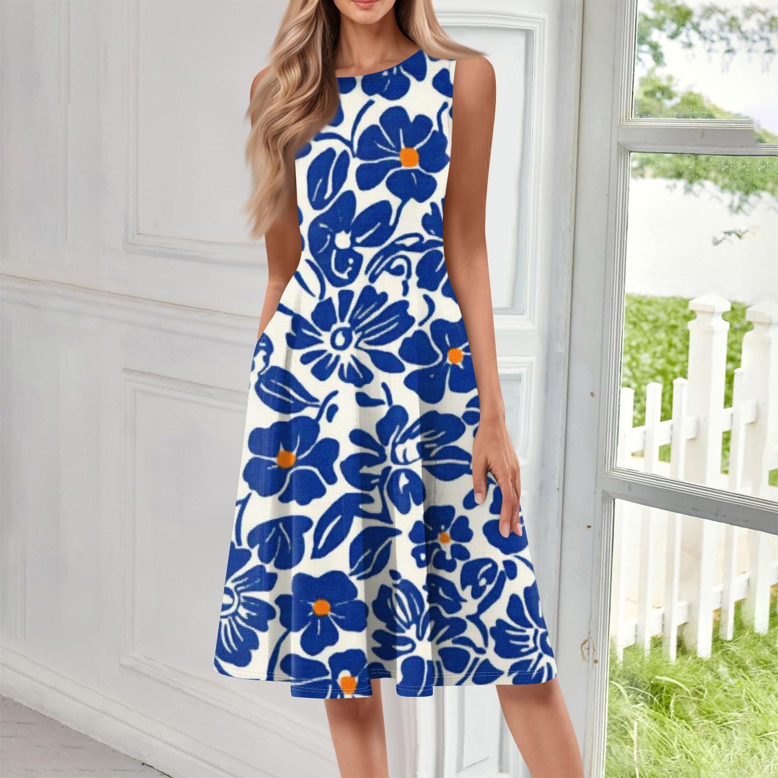 

Женское повседневное модное платье миди с цветочным принтом и круглым вырезом без рукавов S