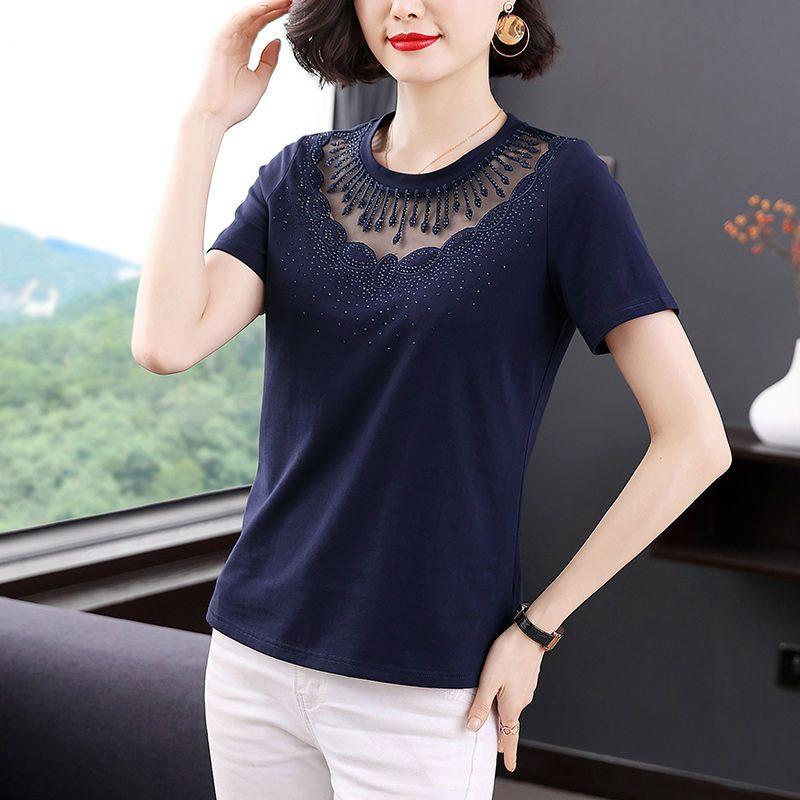 Îmbrăcăminte Femei Tricou Elegant cu Diamante Broderie Sexy Gaze Gol Afară Cusut Vară Casual Mânecă Scurtă Pulovere Drepte