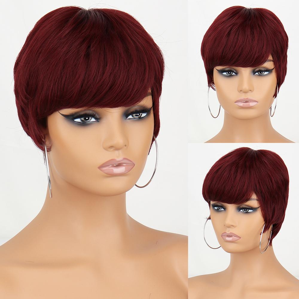 

XINRAN Чорна коротка пряма синтетична жаростійка перука для жінок, винно-червона перука з чубчиком