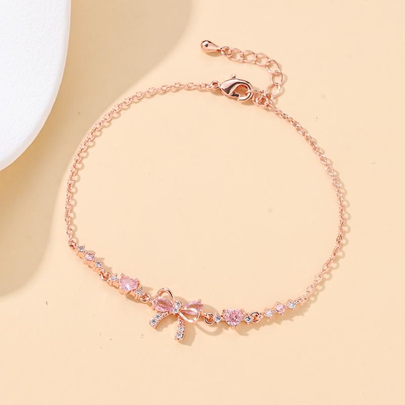 Shiny Pink Bow Heart Zircon Jewelry Set Necklace Bracelet for Women Trendy Y2K Style Accessory Gift for Teens