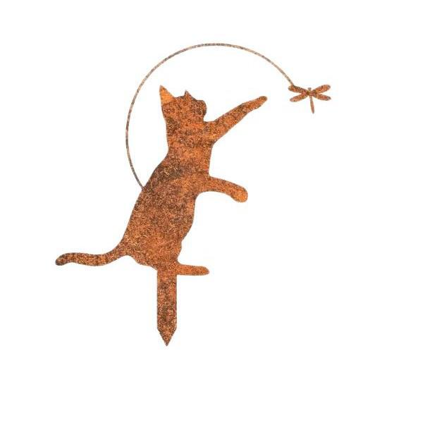 Rustic Metal Cat with Dragonfly Garden Sculpture