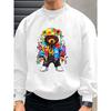 1pc Men'S Fashion Creative Artistic Bear Print Casual Crew Neck Sweatshirt, Polyester Knit Fabric with Slight Stretch, Loose Fit Long Sleeve Pullover