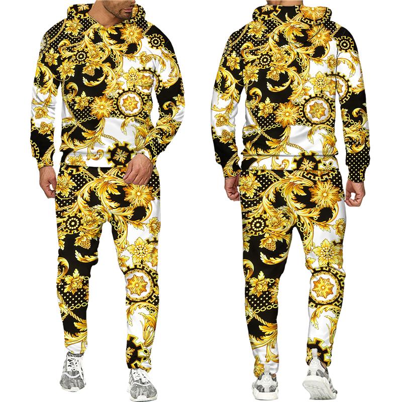Luxury Golden Floral Print Men's 2 Piece Outfit Retro Baroque Pattern Hoodie/Pants/Set Hip Hop Streetwear Men/Women Jogging Suit