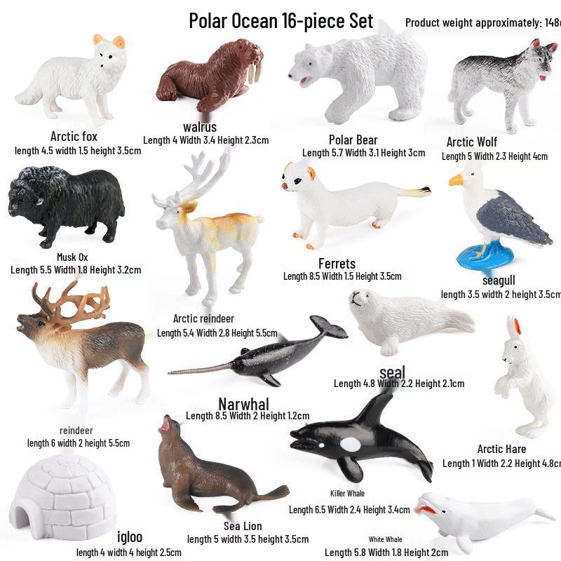 Realistic Polar Animal Toy Set: Polar Bear, Ferret, Reindeer, Seal, Orca, Arctic Hare, Walrus Figurines.