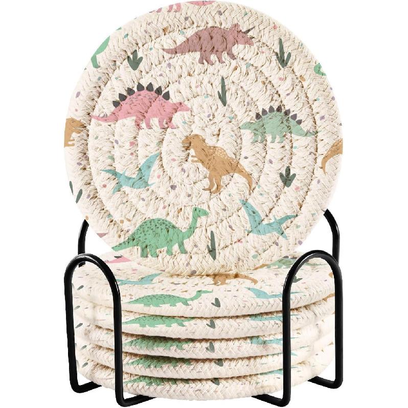 Dinosaur Cotton Cup Coasters with Holder Absorbent Drink Coasters Set for CoffeeTabletop Protection Housewarming Gift Home Decor 6 Pcs