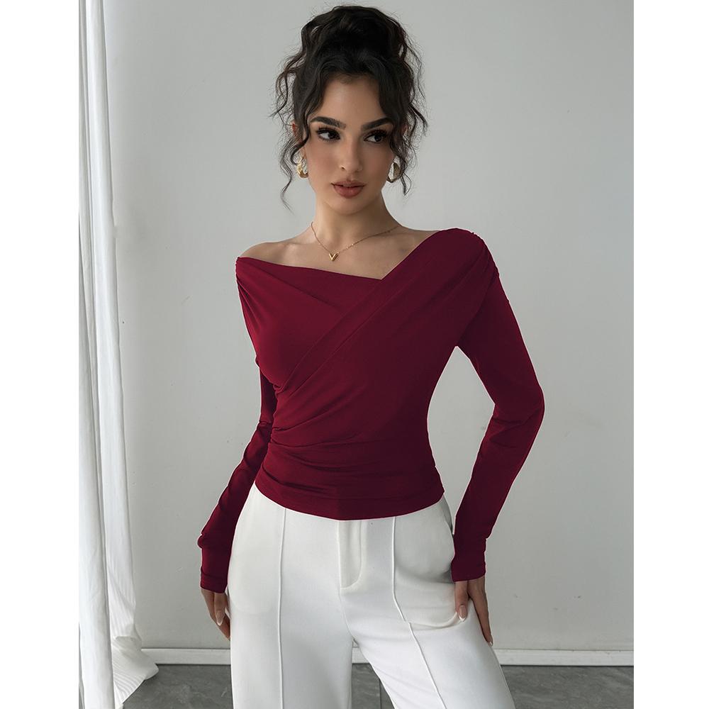 Women's One Off Shoulder Long Sleeve Tops Ruched Asymmetrical Neck Slim Fit Y2K Shirt