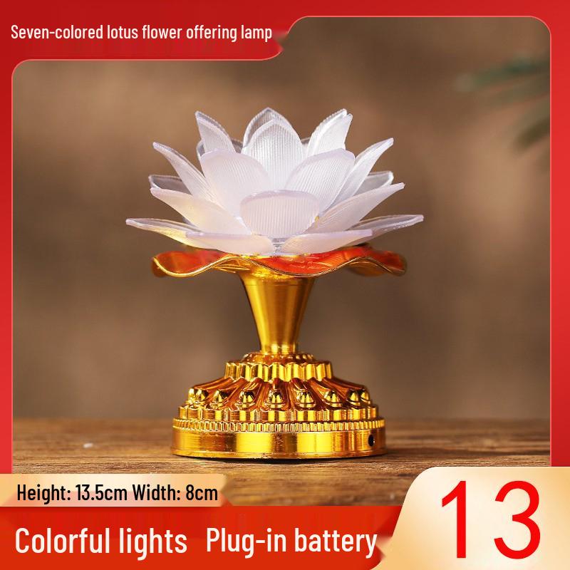 Seven-Color LED Rechargeable Buddha Offering Lamp - Lotus Design for Home and Guanyin Devotion.