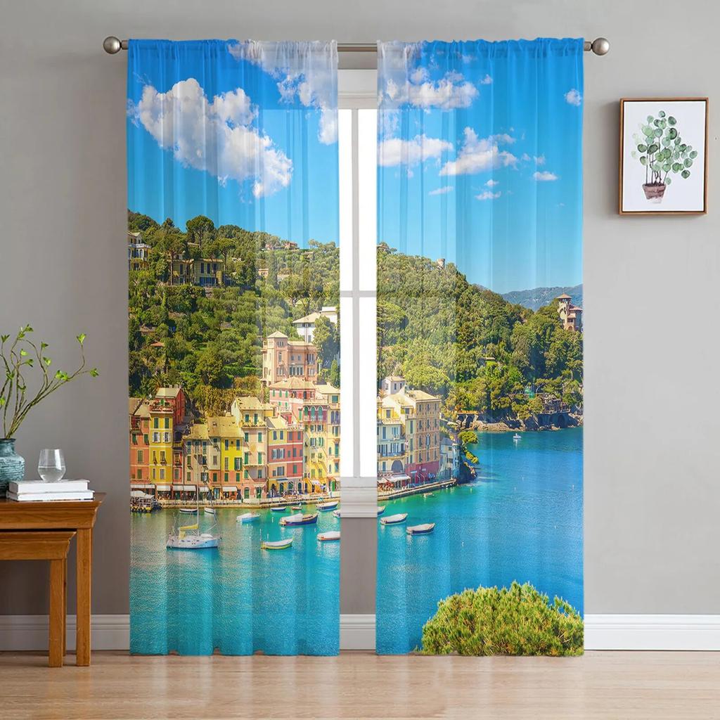 Lake Snow Mountain Forest Chiffon Sheer Curtains For Living Room Home Decoration Window Voile Tulle Curtain Drapes