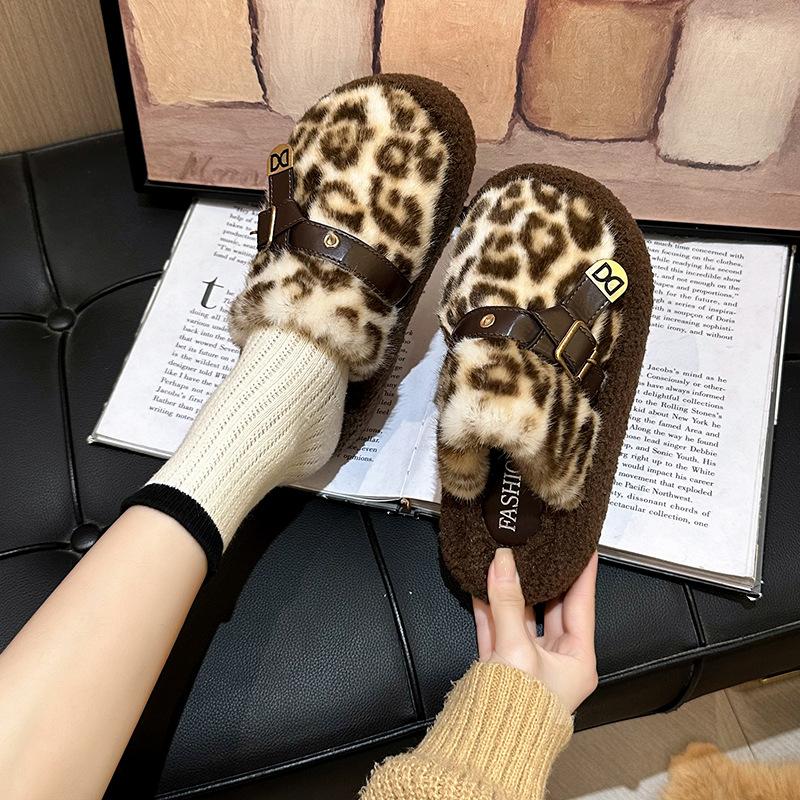 Mao Mao Slippers Women's Thick Bottom Women's Outer 2025 Autumn and Winter New Internet Celebrity Fashion Leopard Print Home Plush Winter Cotton Slipp