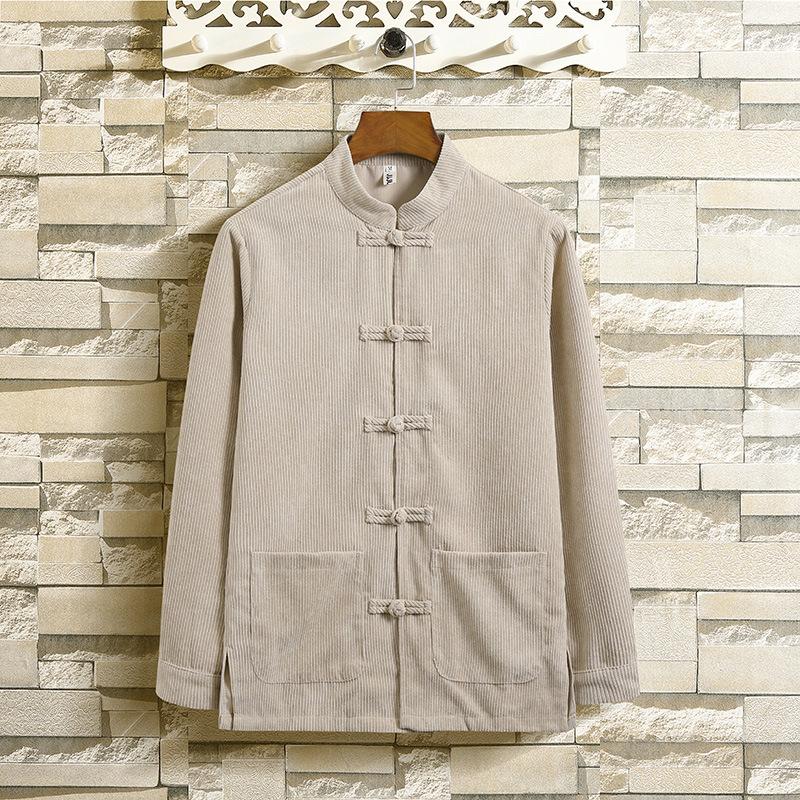 Spring and Autumn Large Size Retro Corduroy Long Sleeve Shirt Jacket Chinese Style Ancient Costume Button Top Tai Chi Clothing