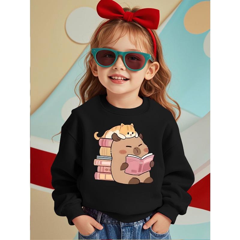 European Size Reading Fun Comfortable Kids' Crew Neck Sweatshirt with Cartoon Animal Reading Pattern - Casual Pullover Suitable for Autumn/Winter