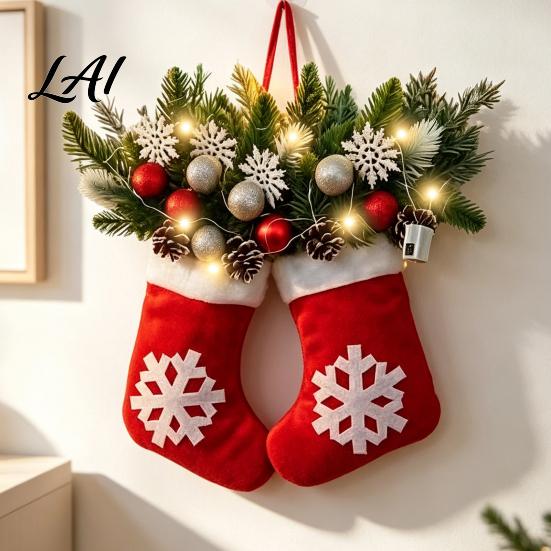 Christmas Hanging Ornaments Mitten Door Hanger Red White Glove Ornament with Pine Cone Berries Holiday Home Accents Fabric Wall Decor for