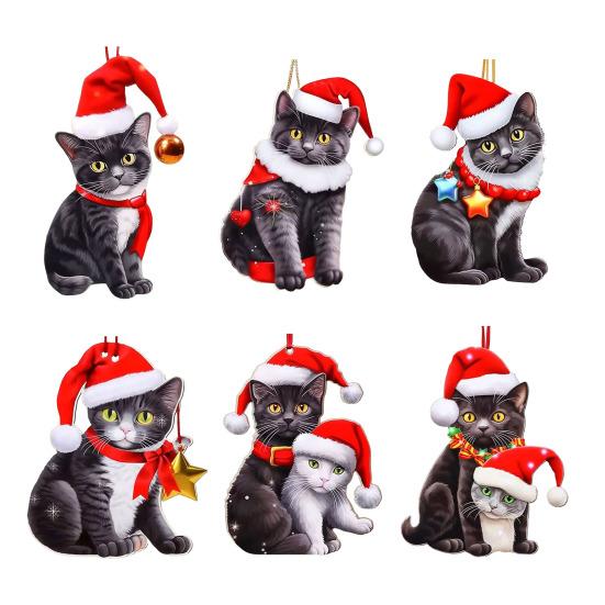 Christmas Cat Ornament Cartoon Cat with Santa Hat Pendant 2D Flat Acrylic Christmas Tree