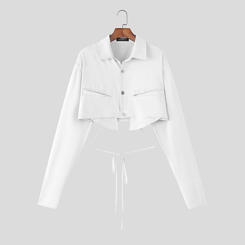 INCERUN Men Lapel Neck Long Sleeve Lace-up Cropped Short Shirts