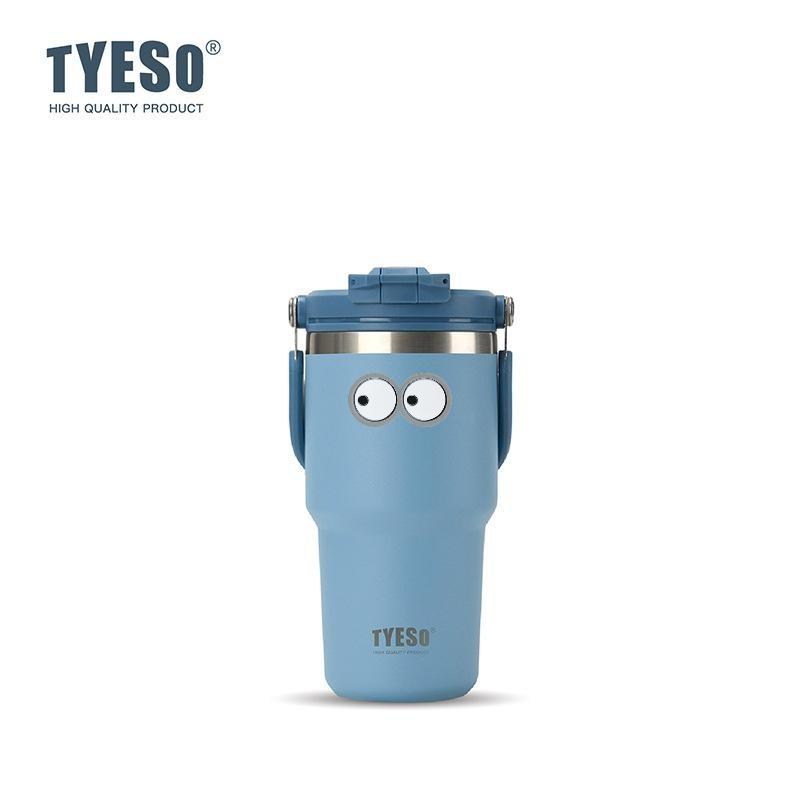 Tyeso 600ML Vacuum Flasks Handle Dual-Drink Coffee Mug 304 Stainless Steel Ice Cup Car Bottle Hot Cold Retention Drinkware with Eye Sticker 600ML синий