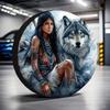 A Single Outdoor Tire Cover Featuring A Wolf Design, Made Of Multifunctional Polyester, Intended For Use In Parking Lots During