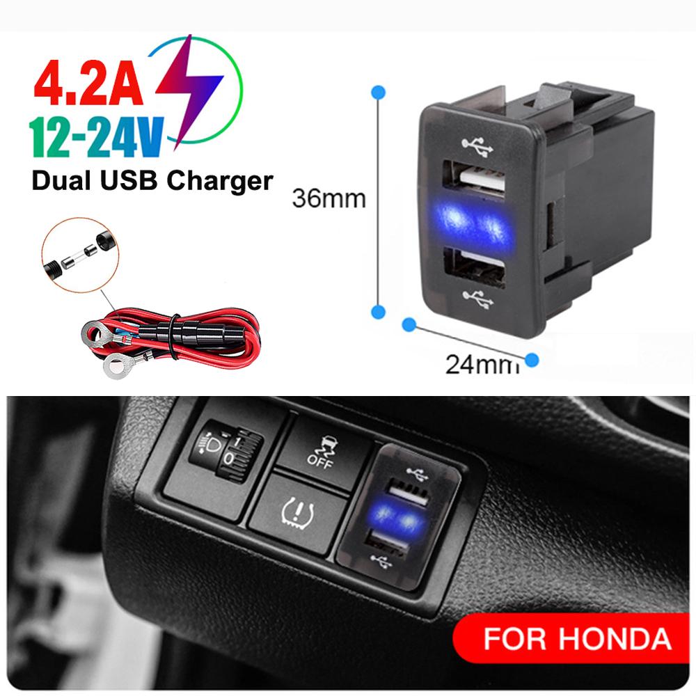 4,2A duální USB zásuvka nabíječka do auta napájecí adaptér pro telefon s LED světlem 12V 24V pro Honda CIVIC CROSSTOUR CRV ODYSSEY