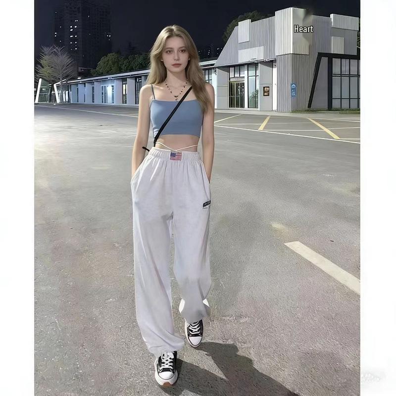 Women's Retro High-Waist American Flag Patch Grey Sweatpants - Y2K Wide-Leg Street Style