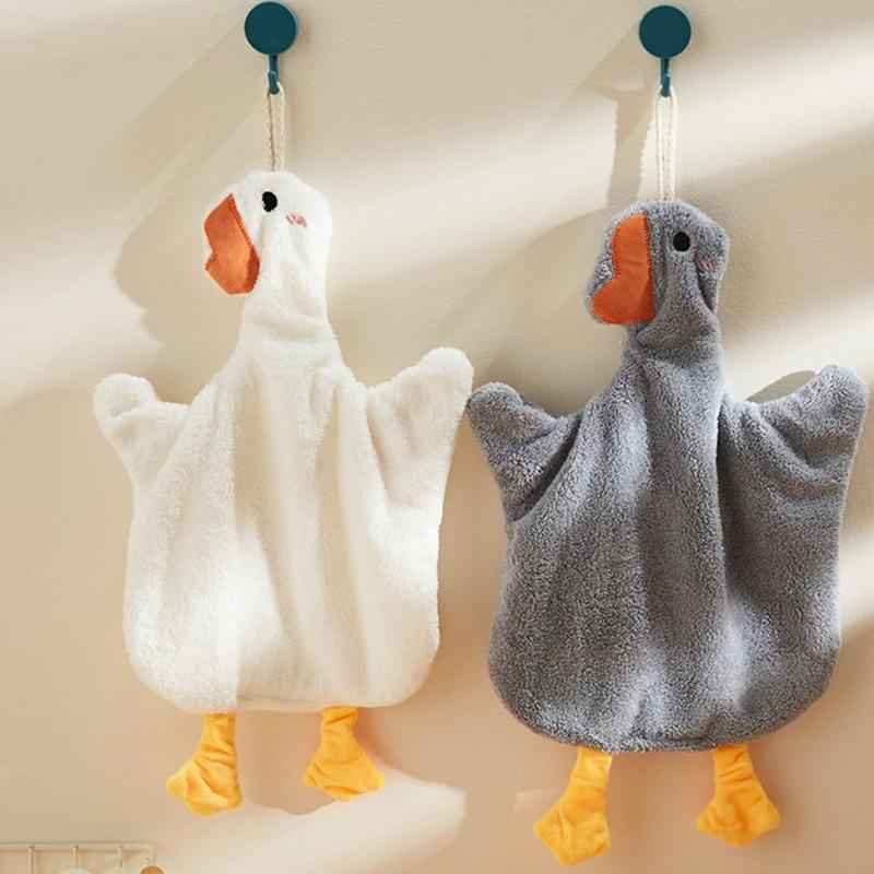 2Pack Hanging Gooses Shape Hand Towels Soft Corals Fleece Absorbent Kids Cleaning Wipe for Bathroom Kitchen Towel