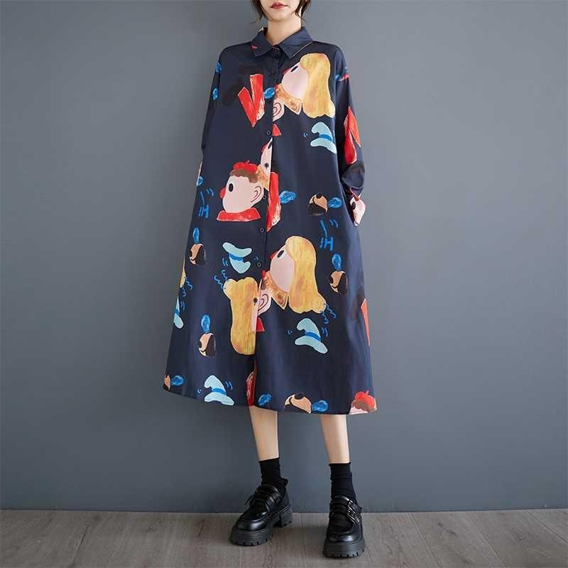 New Loose Large Size Oceanic Printing Mid-length Literary Retro Dresses