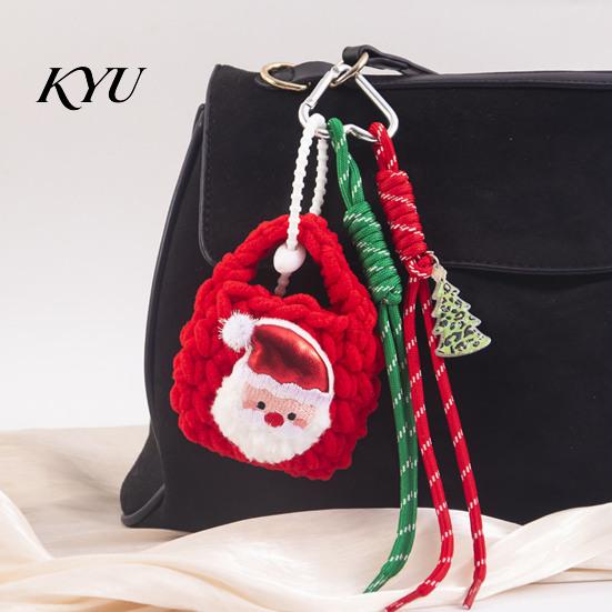 Knitted Holiday Embellishments Christmas Santa Claus Bag Charm, Crochet Keychain Pendant with Festive Charms Faux Leather Star, Xmas Hanging Decor for