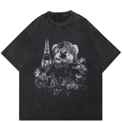 Streetwear Lustiges Bären-Grafik-Unisex-T-Shirt Baumwolle gewaschenes schwarzes T-Shirt Unisex-Tops Tees Sommer-Kurzarm-T-Shirt