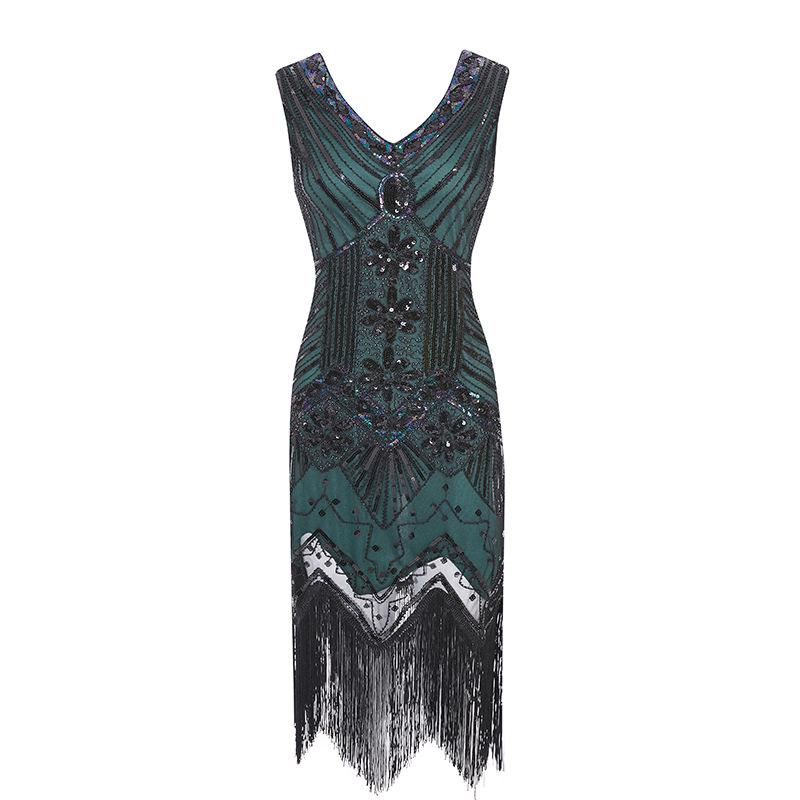 Retro Sequined Beaded Dress Front and Rear Deep V-neck Fashionable Fringed Dress, Popular Evening Dress