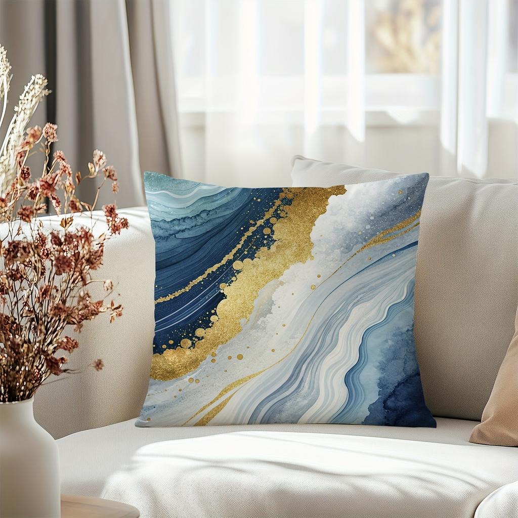 Glamorous Blue - Gold Wave Pillow CoversLiving Room Sofa Cushion Cover, Soft and Comfortable, Bedroom Room Decoration