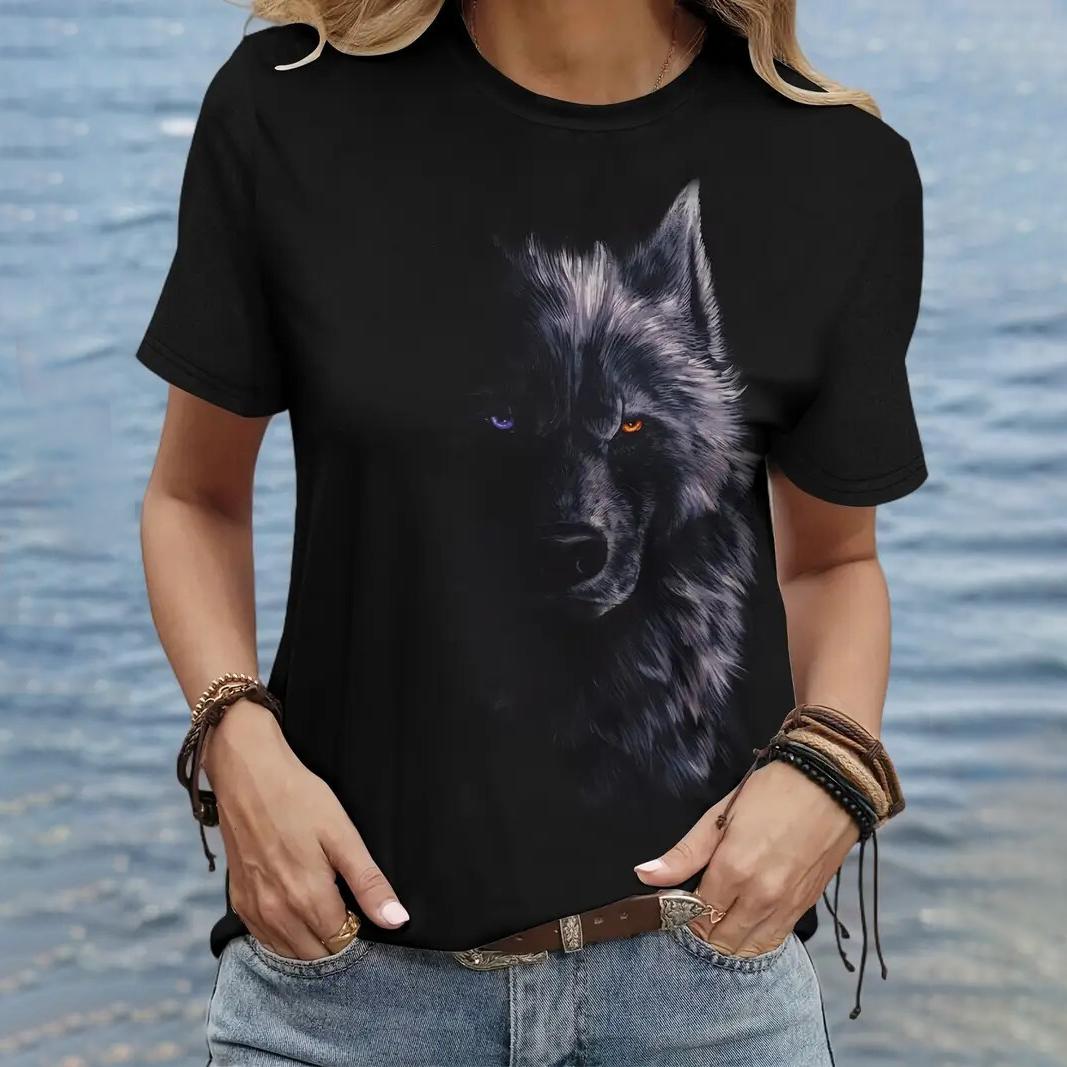 

Летняя женская футболка с принтом волка, женская повседневная одежда с коротким рукавом, верхняя одежда, футболки с круглым вырезом, уличные модные топы L