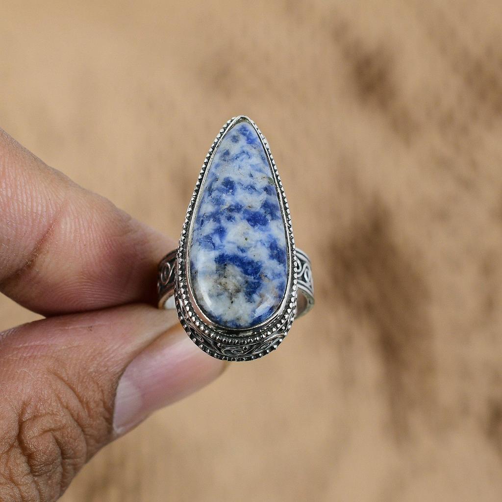 Natural Sodalite Sterling Silver Multi Stone Wedding Vintage Ring Jewelry Size 8