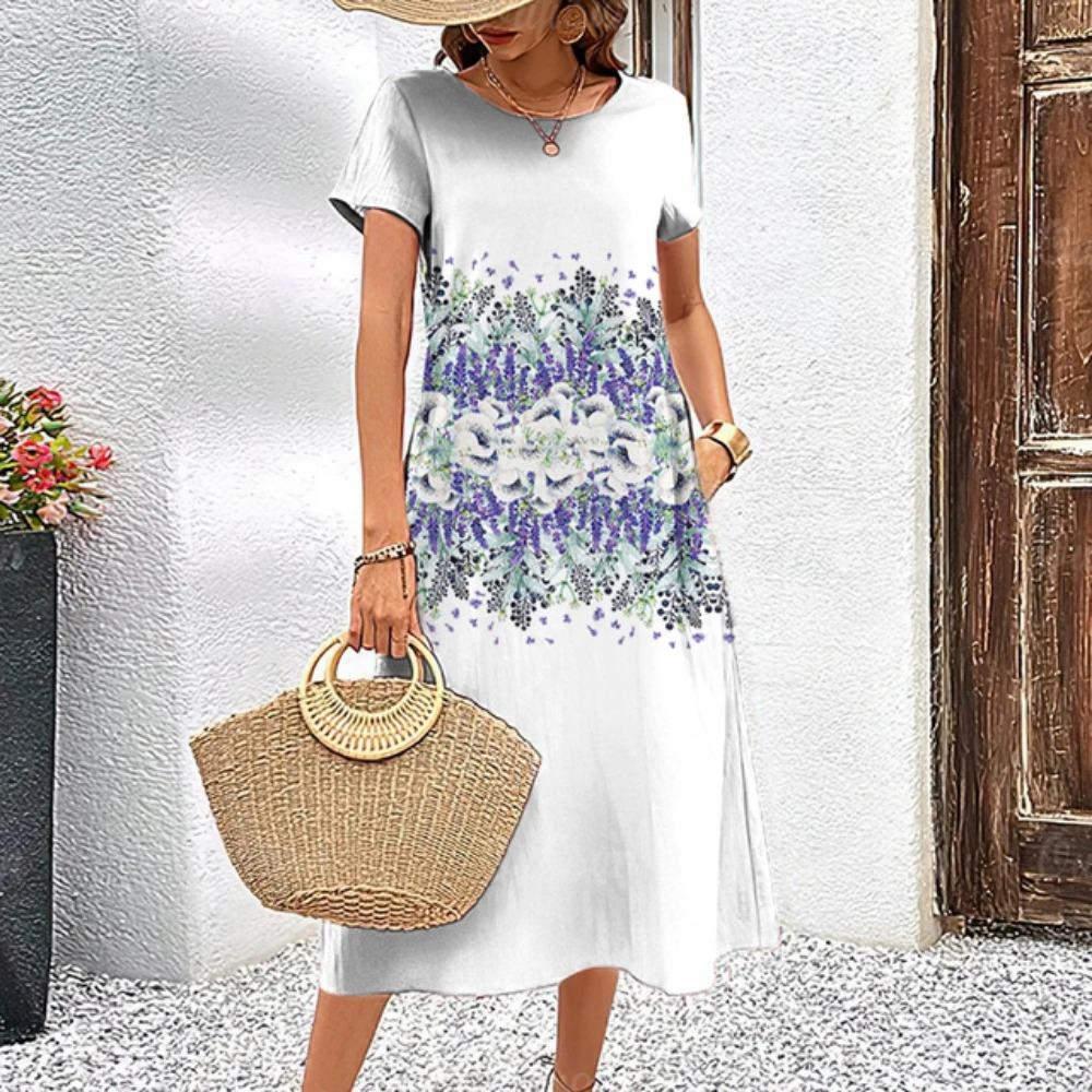 Letnie luźne i eleganckie ubrania damskie Kwiecista sukienka z krótkim rękawem Sukienka na imprezę wieczorową Okrągły dekolt Sweter Ubrania uliczne